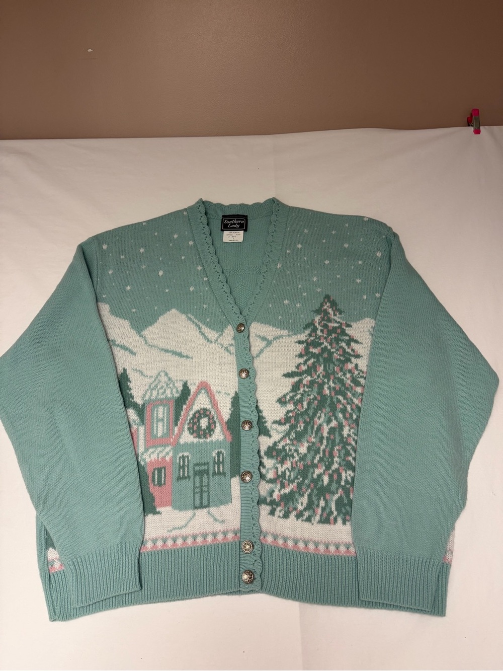 Southern Lady Vintage V Cut Cardigan Sweater Mint Green Winter Scene Size Large